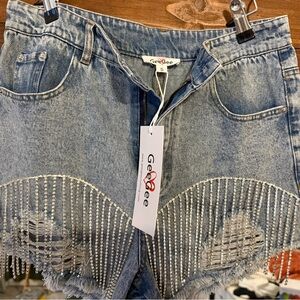 GeeGee Blue Jean Shorts with Fringe Detail